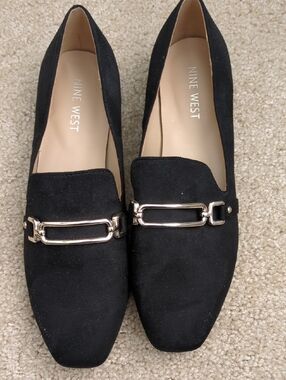 Nine West Black Suede Loafers with Gold Chain Accent
